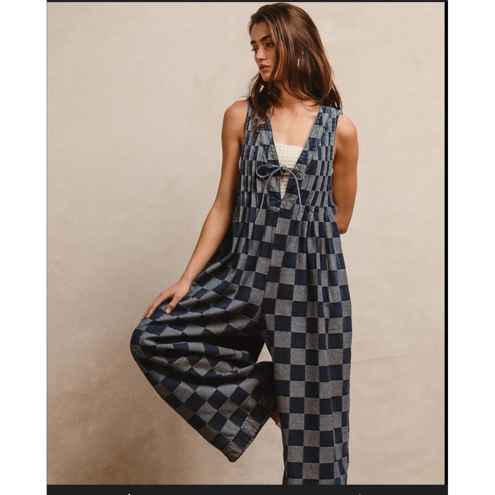 BiBi Blue and Gray Checkered Jumpsuit - NWOT
